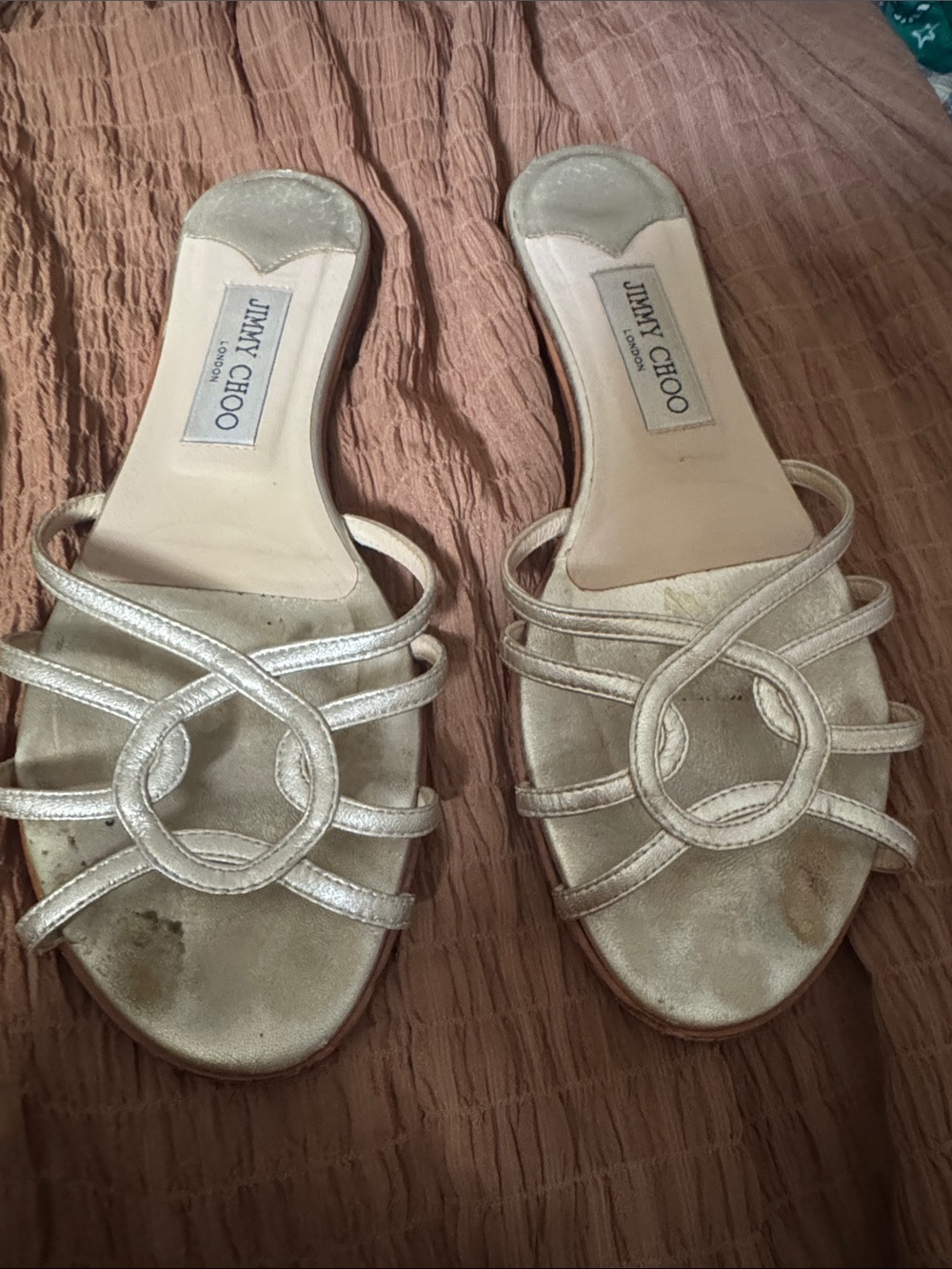 Jimmy Choo Gold Leather Strappy Circle Slide Mules